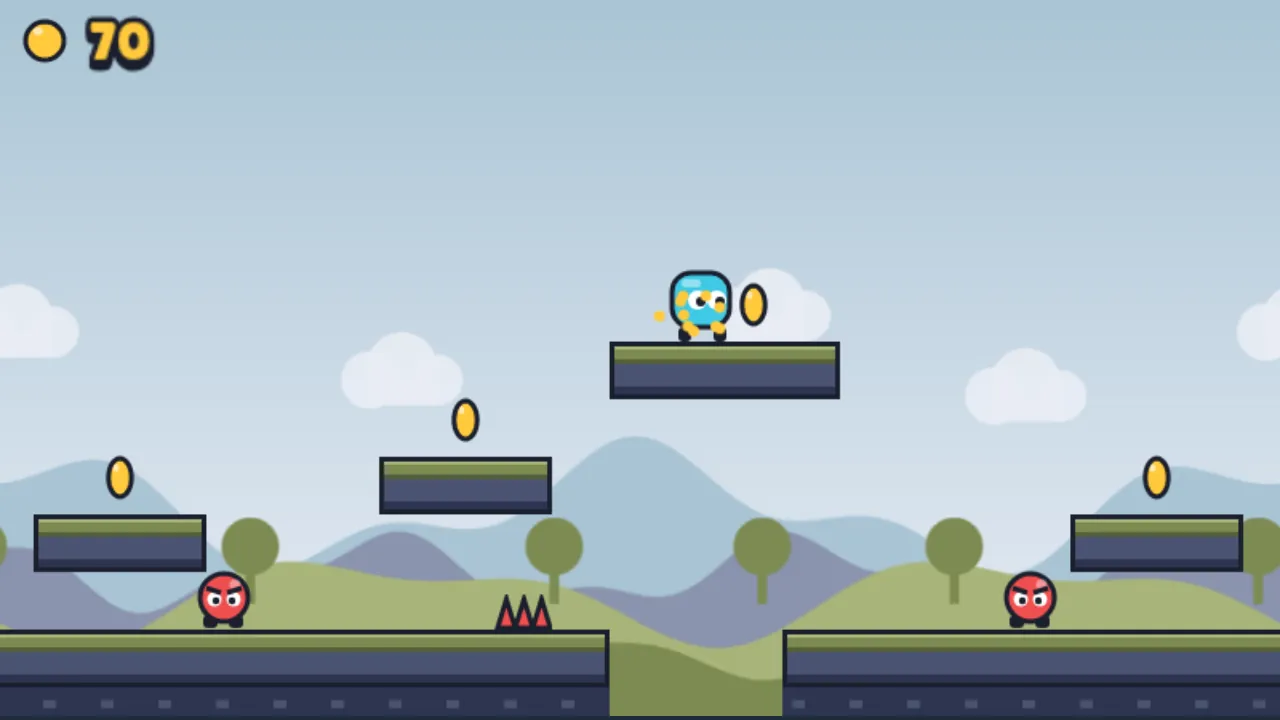 The starter platformer: a cyan blob hero, gold coins, red walkers, and a parallax sky, all drawn in code