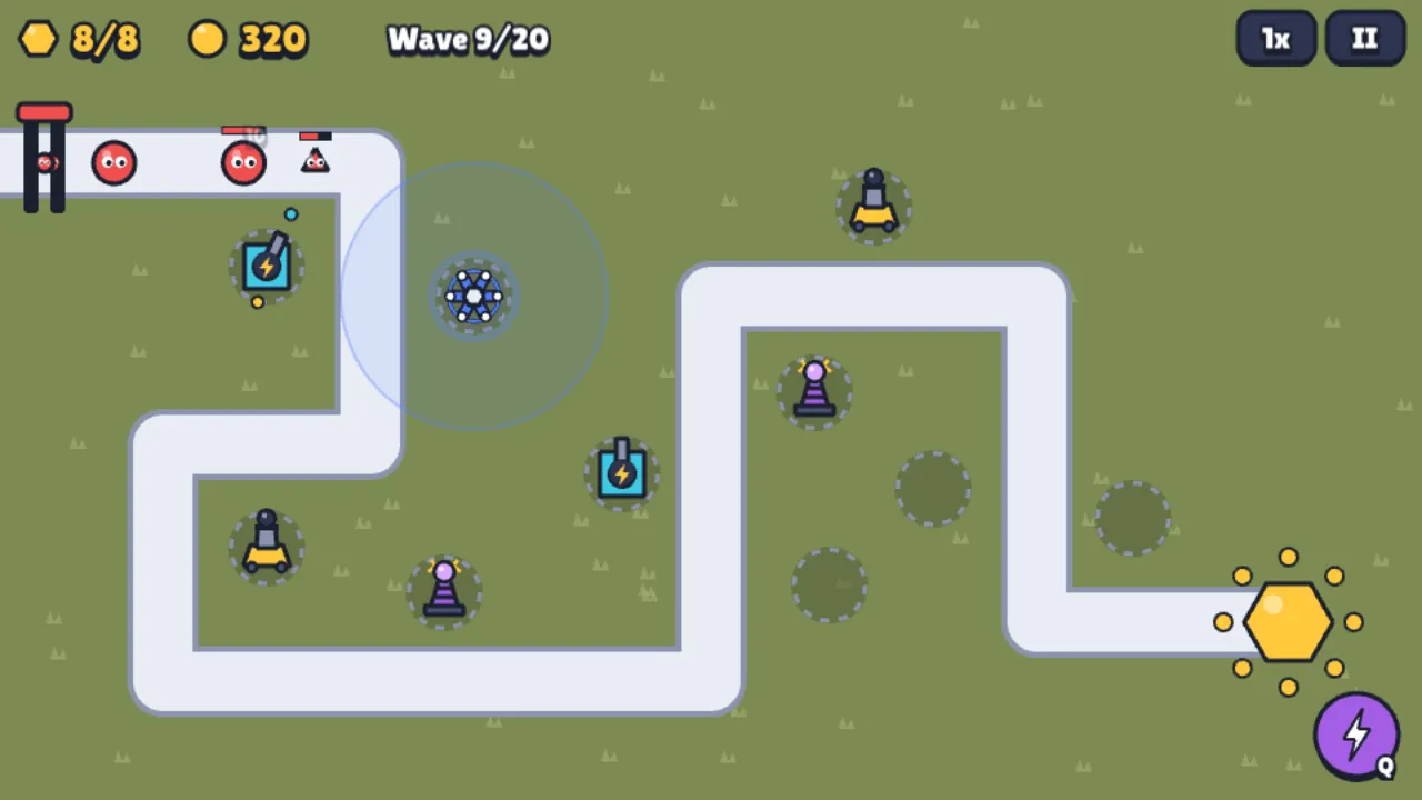 Core Keepers, the tower defense demo built with the kit: towers on build pads along a winding path